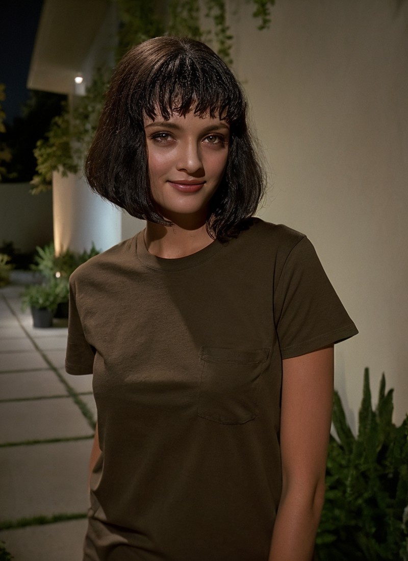 portrait photo of cute young woman M14W4114CE <lora:M14W4114CE:0.7>, short hair, standing, at sidewalk with plants, makeup...
